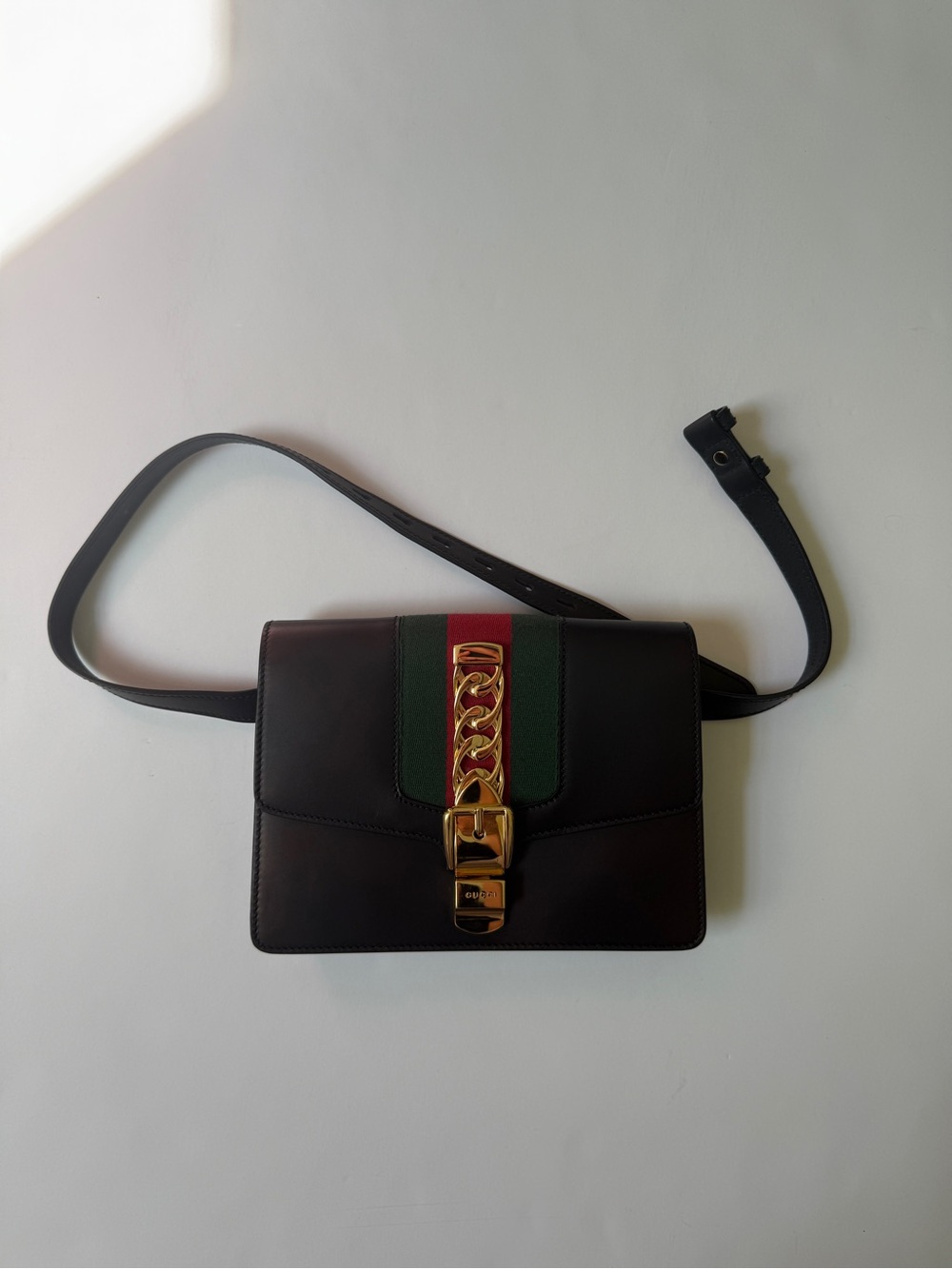 Gucci Black Leather Crossbody with Green & Red Stripe and Gold Chain Accent